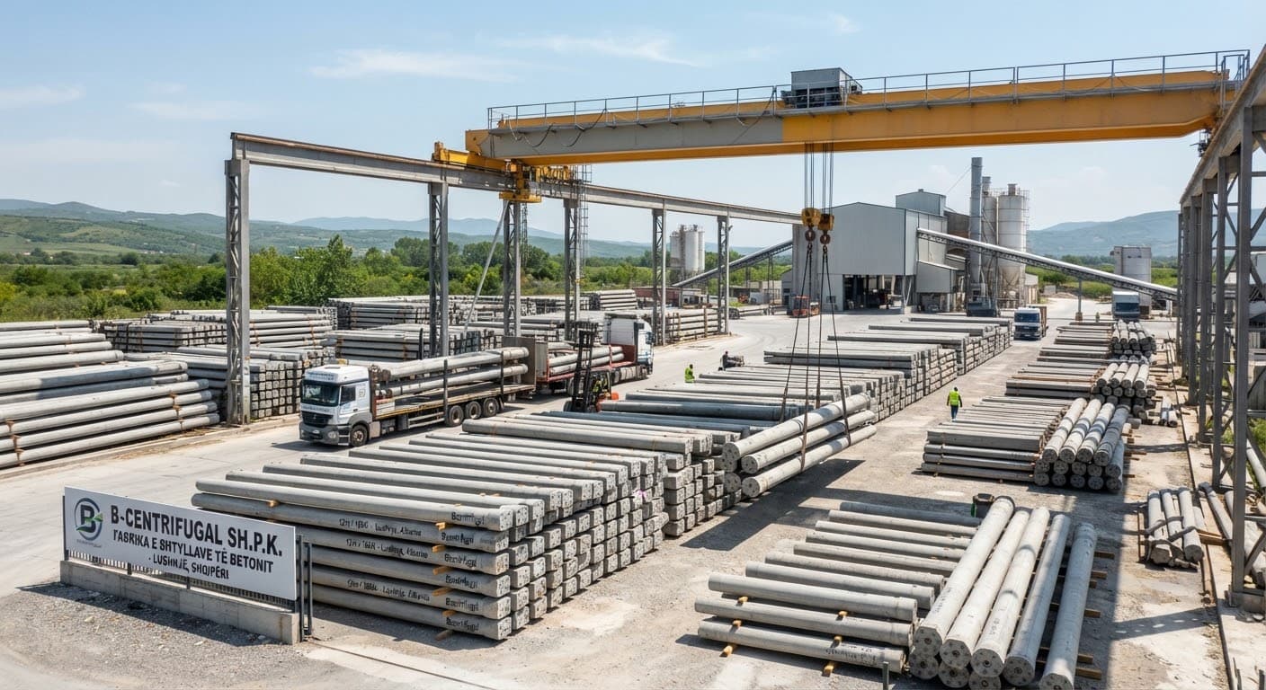 Shtylla betoni të centrifuguara gati për transport në sheshin e fabrikës